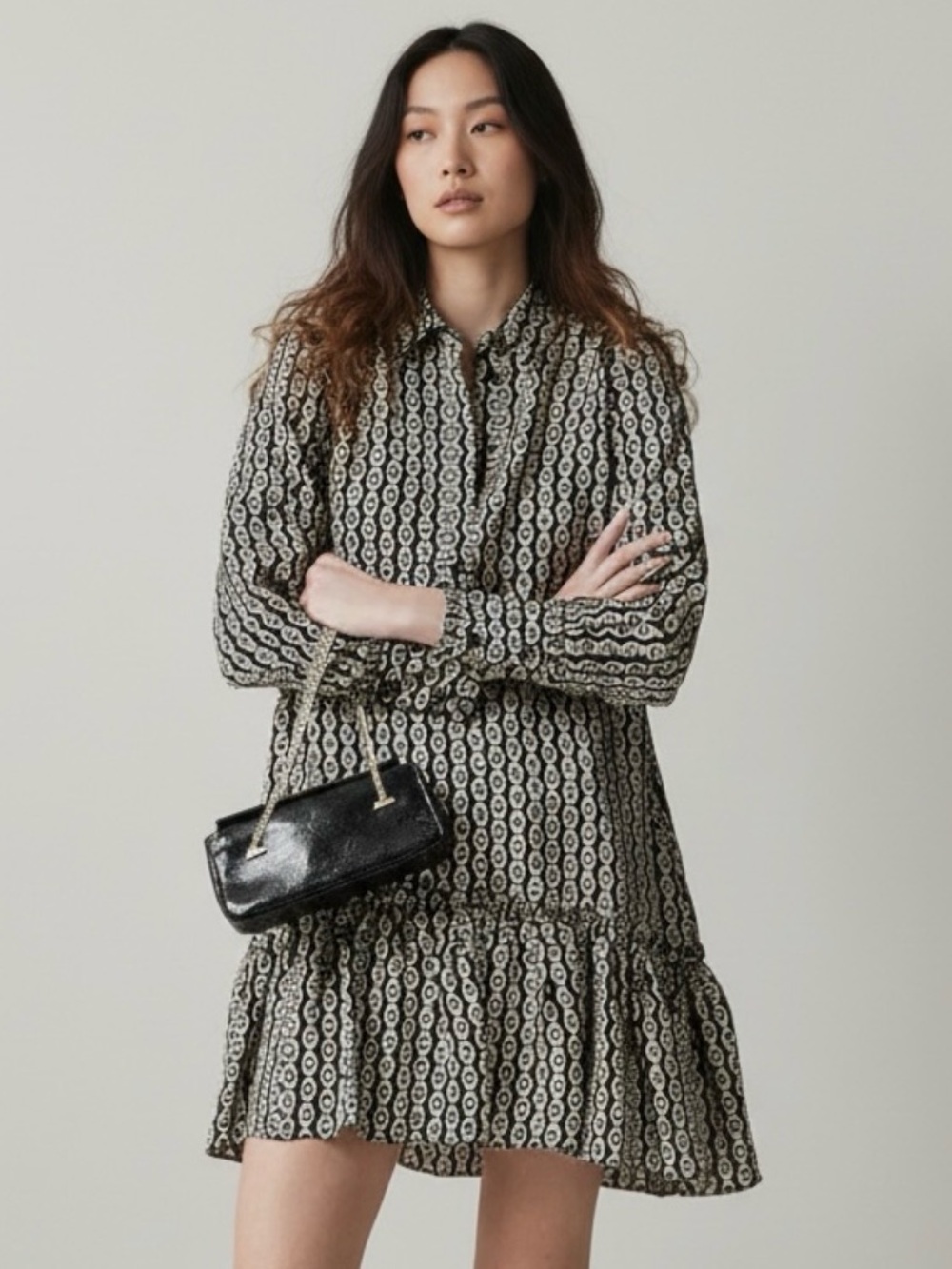 J. Crew Amelia Popover Shirtdress Chain Print XS Long Sleeve Ruffle Mini Dress